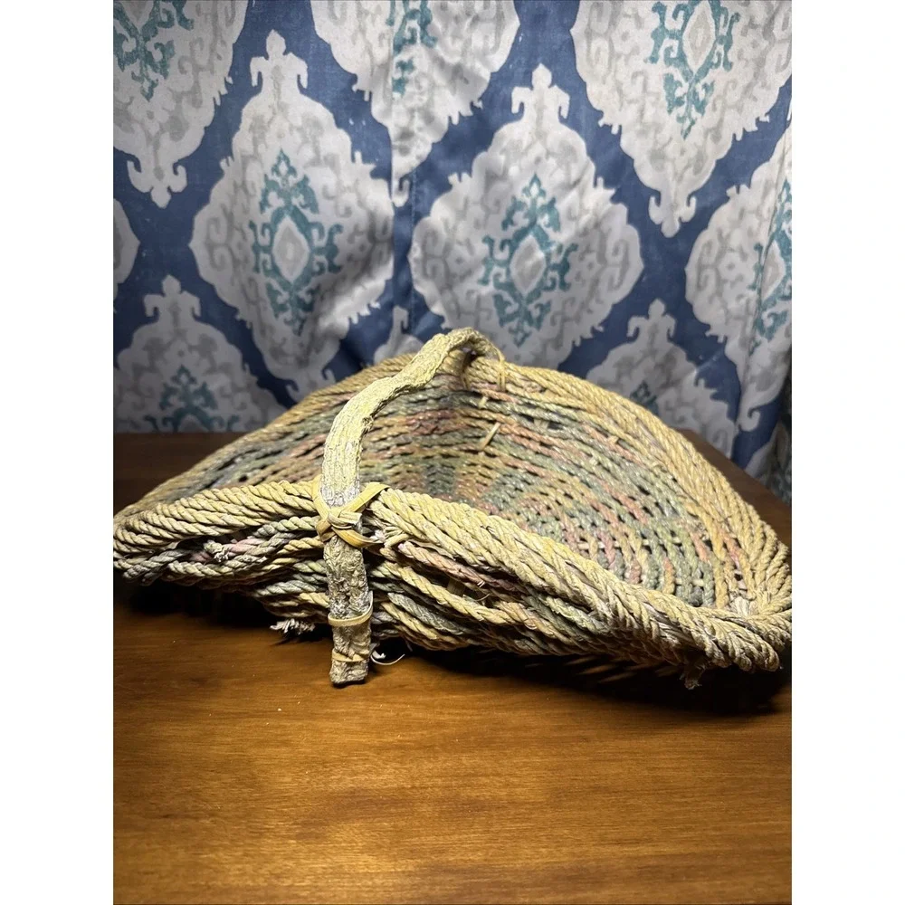 Vintage Rope Gathering Basket‎ Large Distressed Branch Handle Pastel Colors